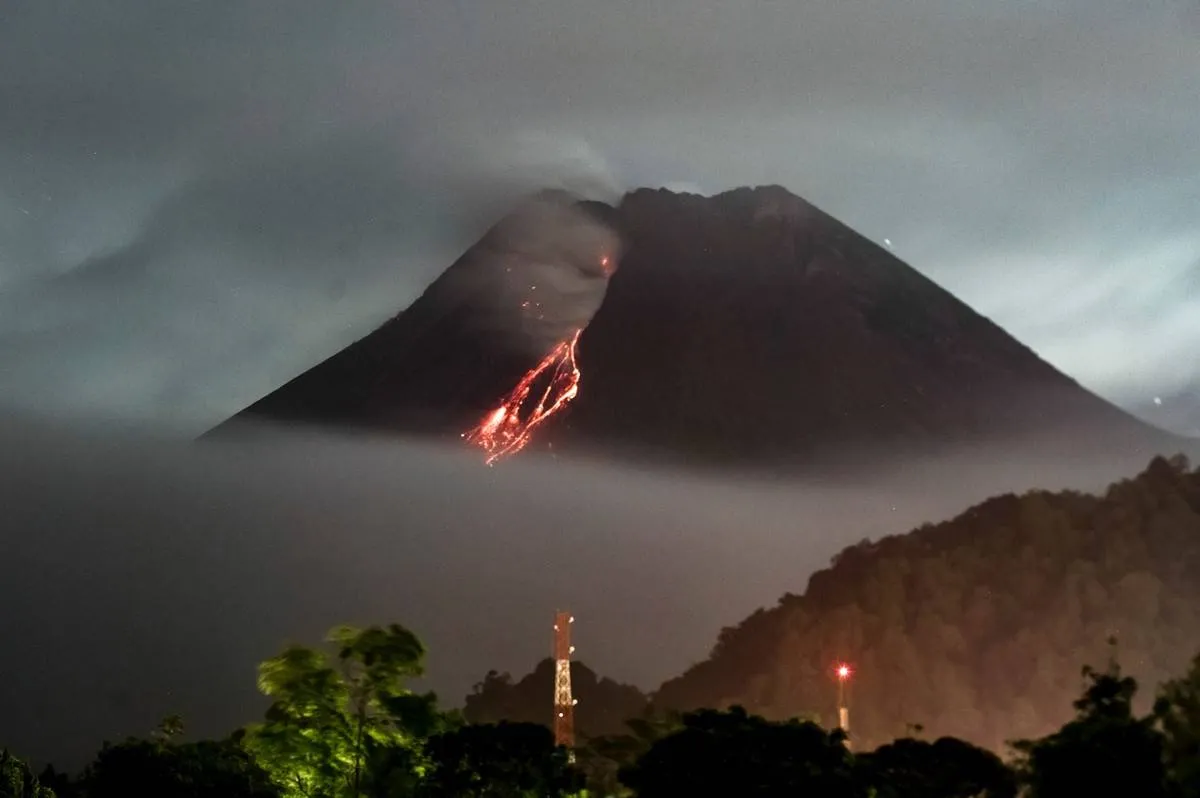 Mount Merapi erupts and pours lava near the town of Kaliurang, Indonesia.
