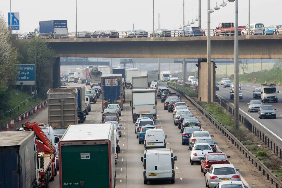 Traffic clogs the freeways of the UK during rush hour.