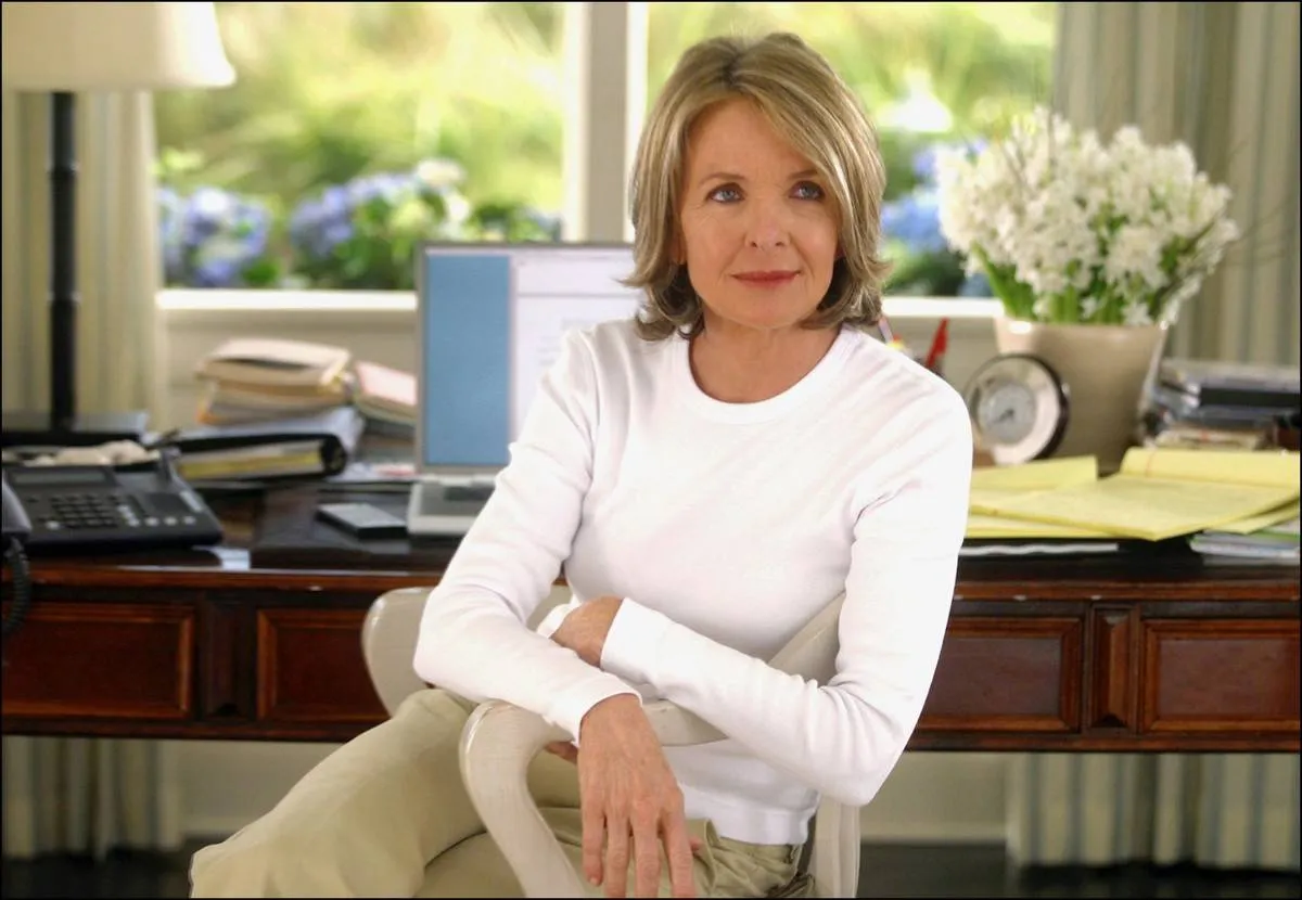 Diane Keaton sitting at a desk in something's gotta give