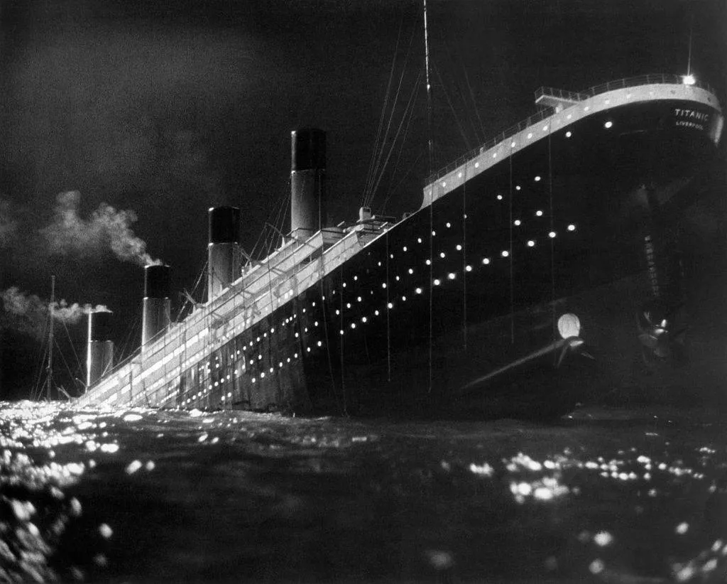 The Titanic passenger liner sinking in a scene from the film A Night to Remember