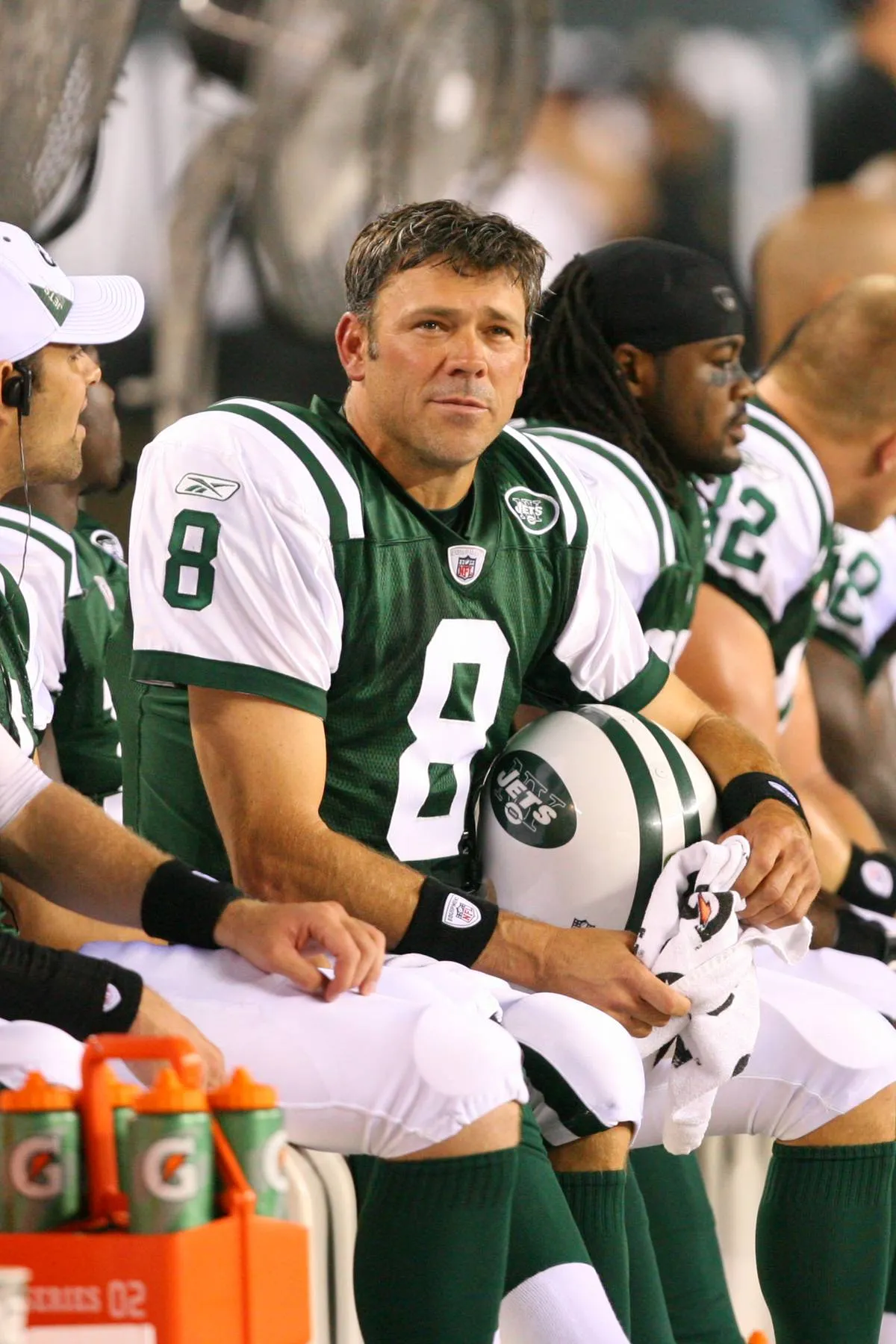 Quarterback Mark Brunell #8 of the New York Jets sits on the bench during a pre-season game against the Philadelphia Eagles on September 2, 2010 at Lincoln Financial Field in Philadelphia, Pennsylvania