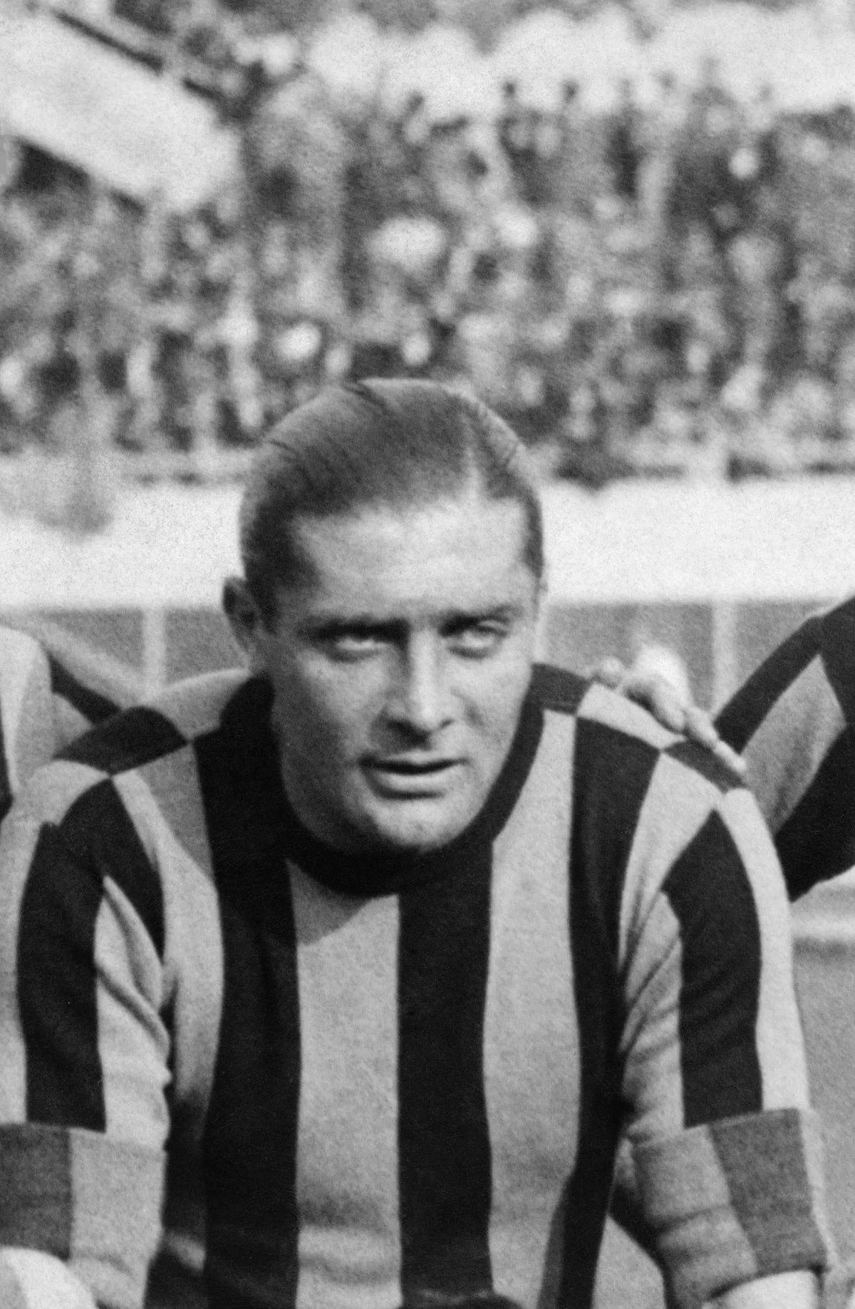 The footballer Giuseppe Meazza is photographed before a match in the 1930's wearing the Inter-Milan jersey