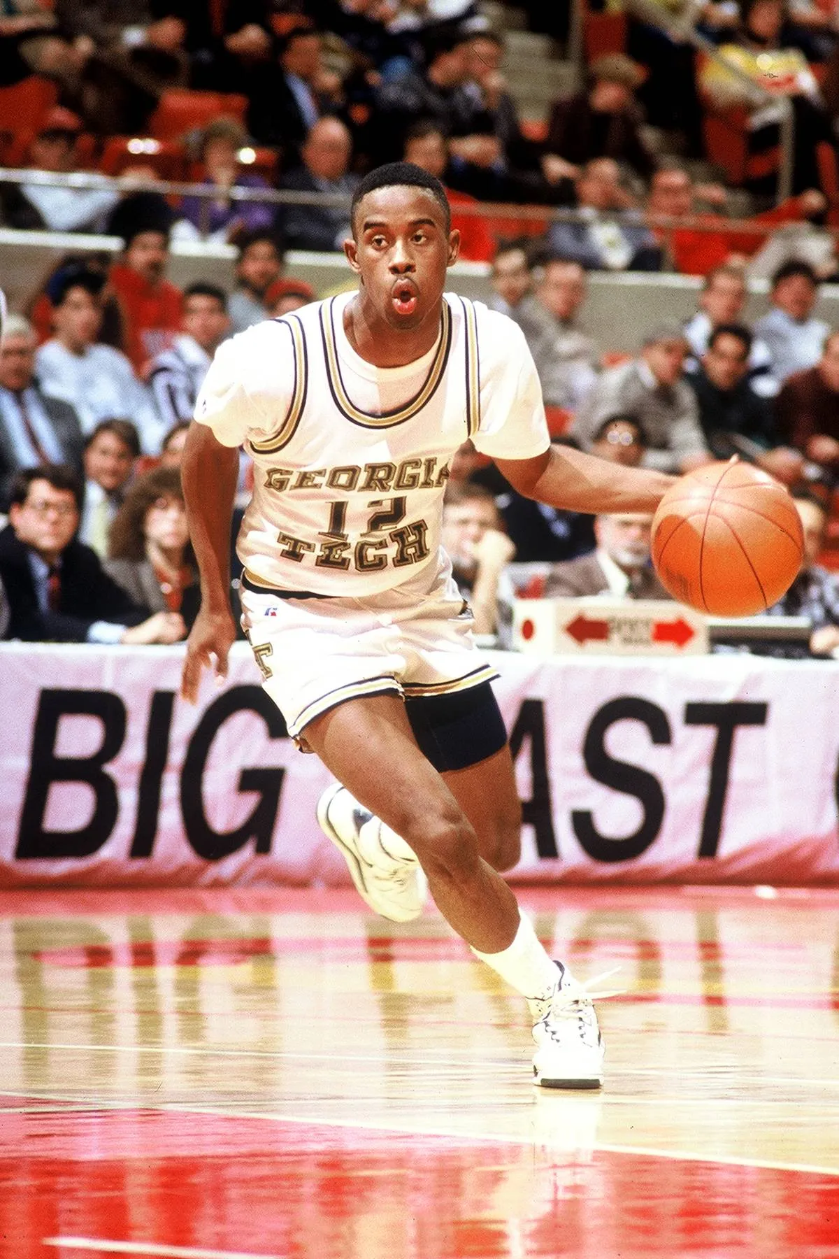 American basketball player Kenny Anderson of Georgia Tech's with the ball during an ACC Big East Challenge game against the University of Pittsburgh, Hartford, Connecticut, 1991