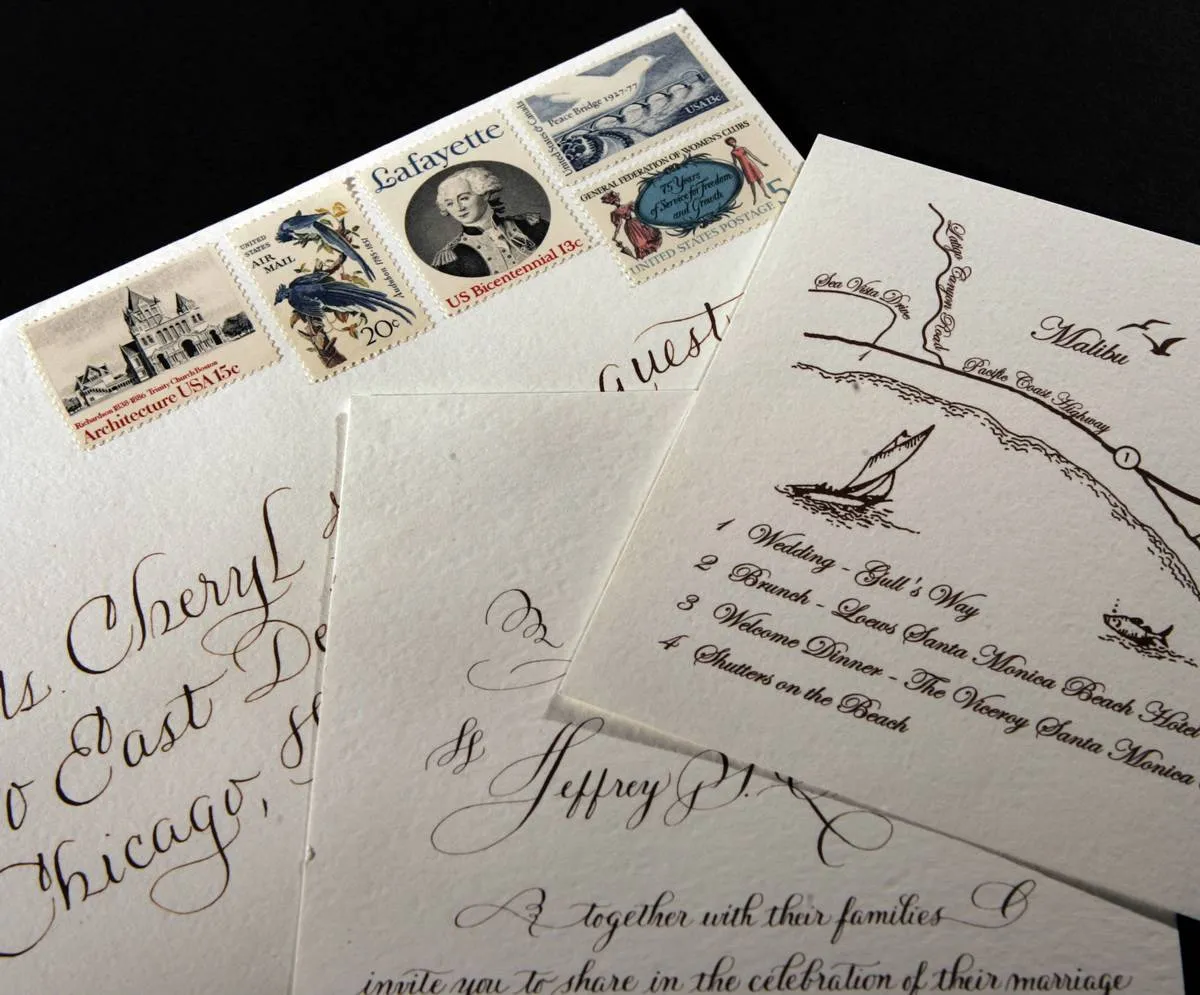 Photo of wedding invitation that used hand calligraphy and vintage postal stamps for feature, big spender