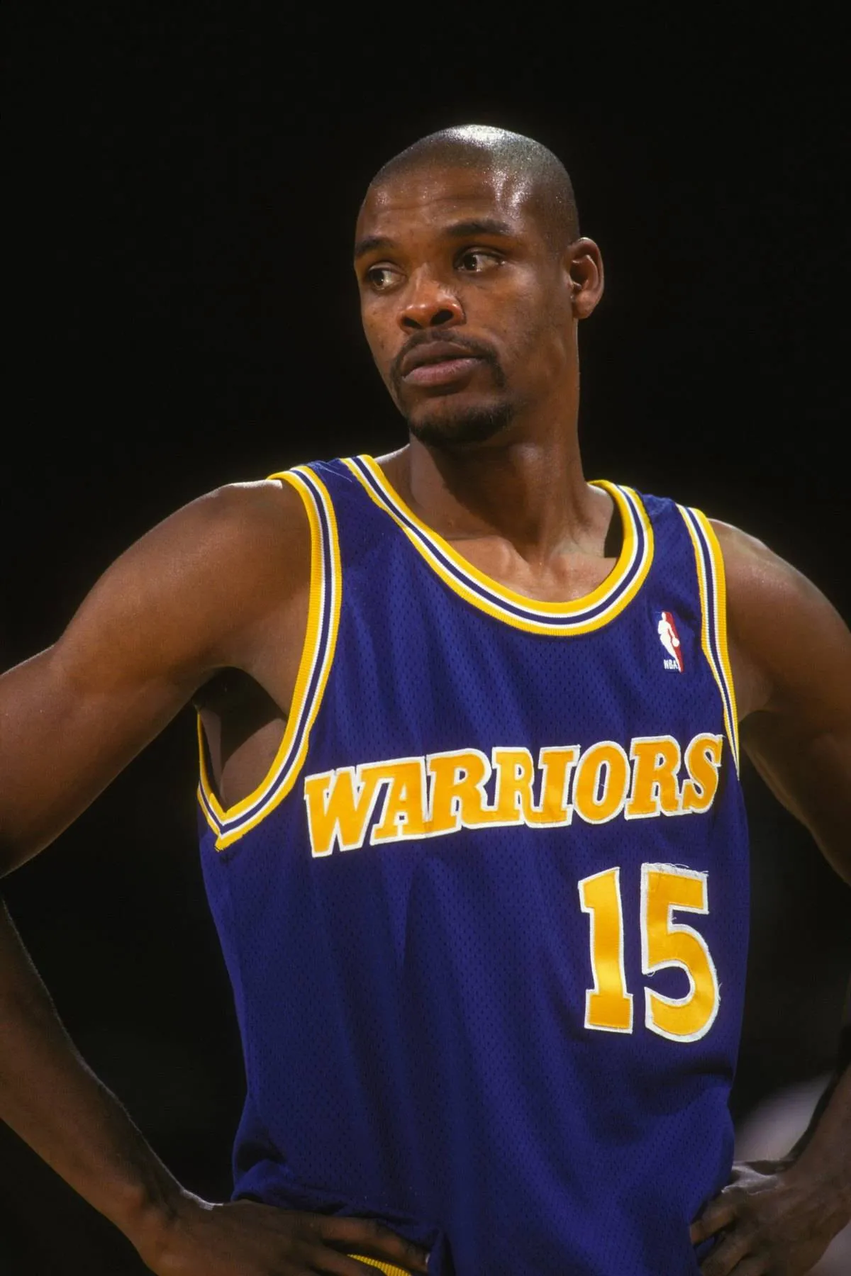 Latrell Sprewell #15of the Golden State Warriors during a NBA basketball game against the Washington Bullets on December 27, 1995 at USAir Arena in Landover, Maryland