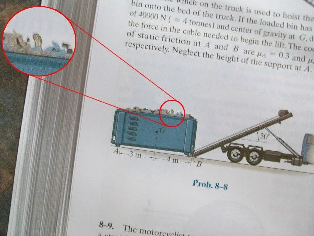 In this engineering textbook, a hand reaches out of a garbage truck.