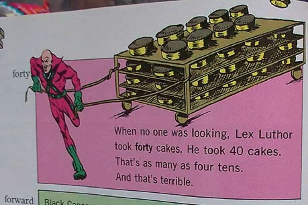 A textbook details how Lex Luthor stole 40 cakes.