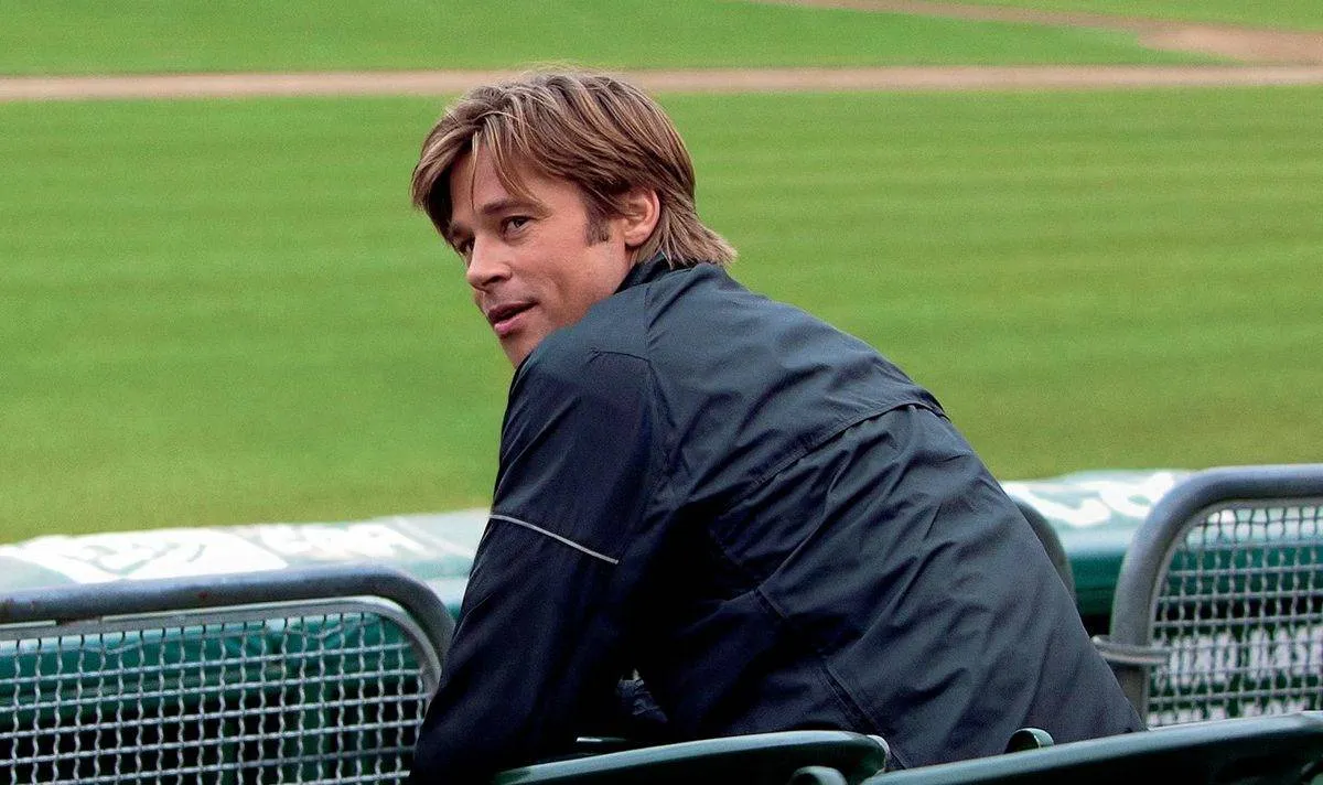 Brad Pitt at a baseball field in Moneyball