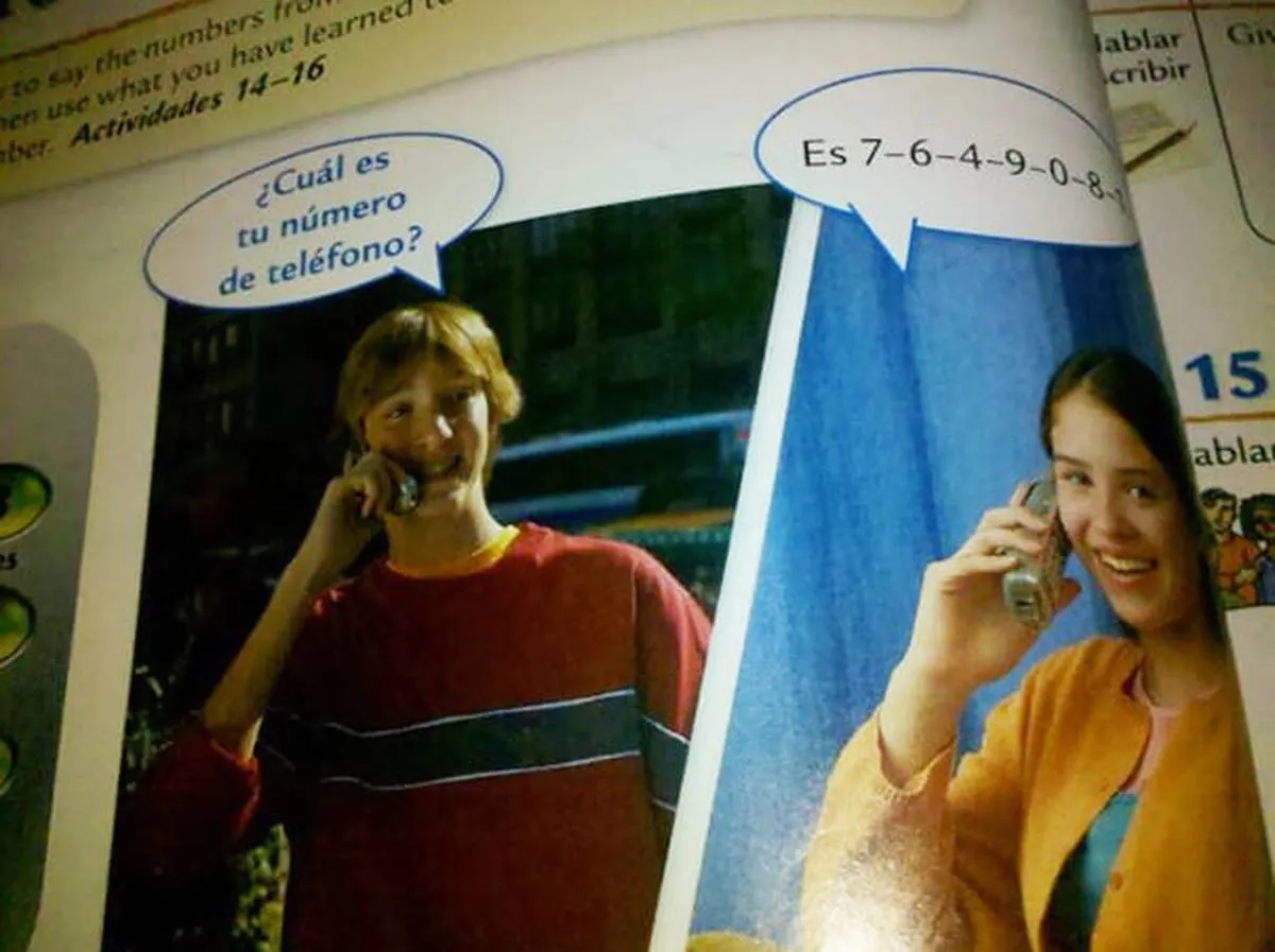 In a Spanish textbook, a boy calls a girl to ask what her number is.