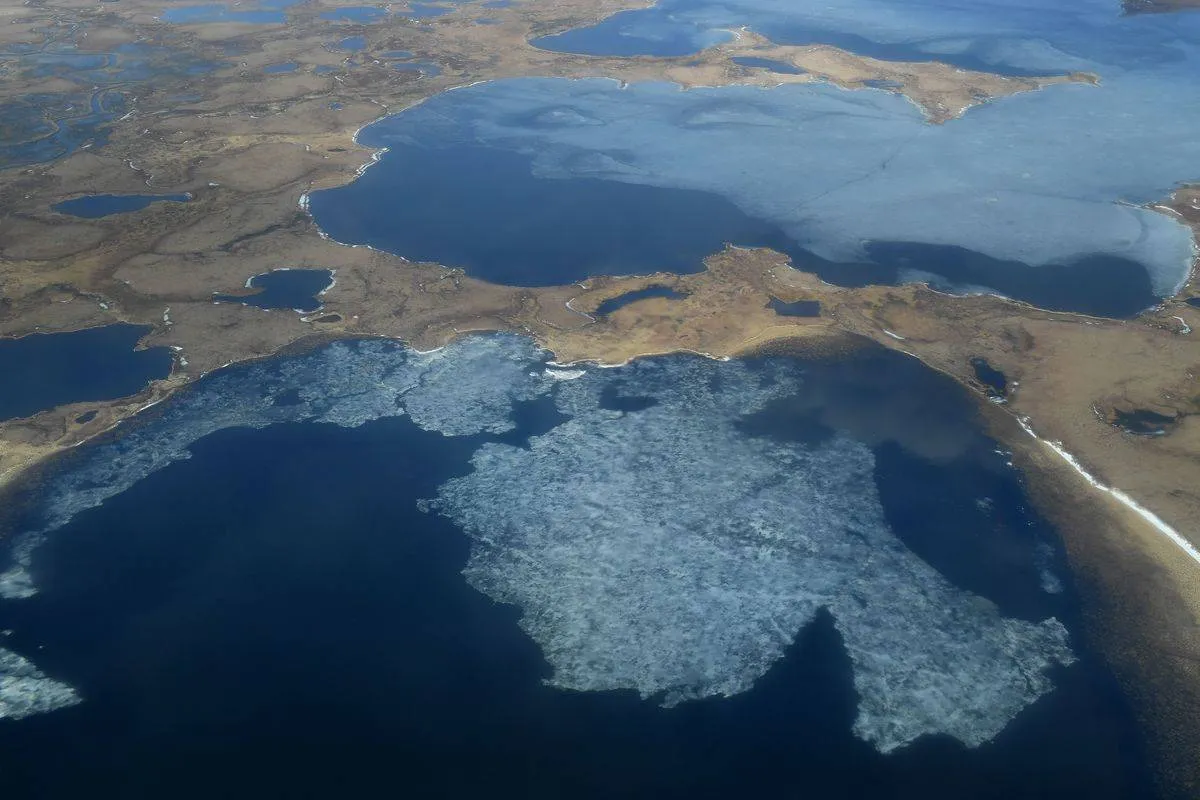An aerial view shows the melting permafrost from climate change in Alaska.