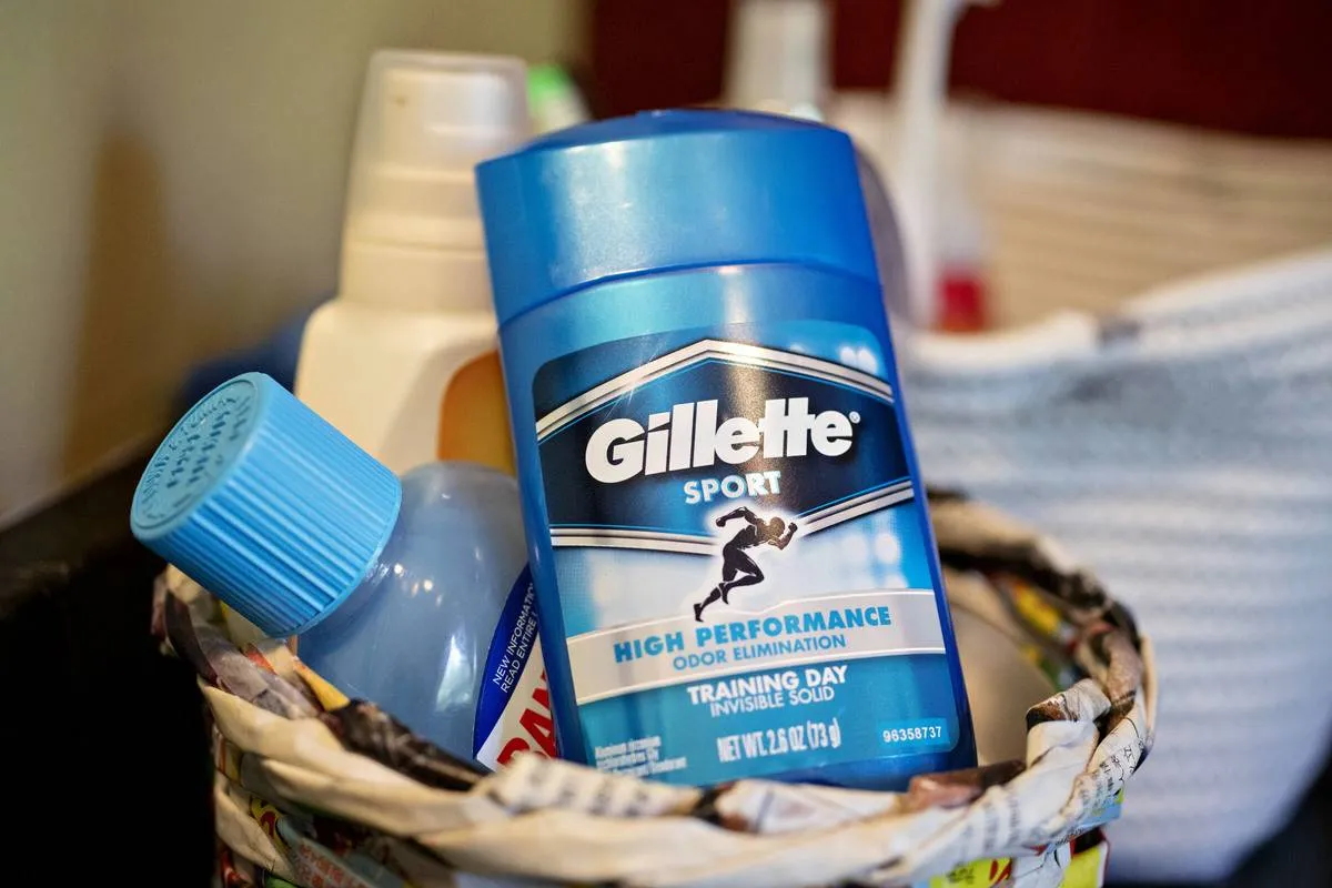 A stick of Gillette sport brand deodorant sits in a basket.