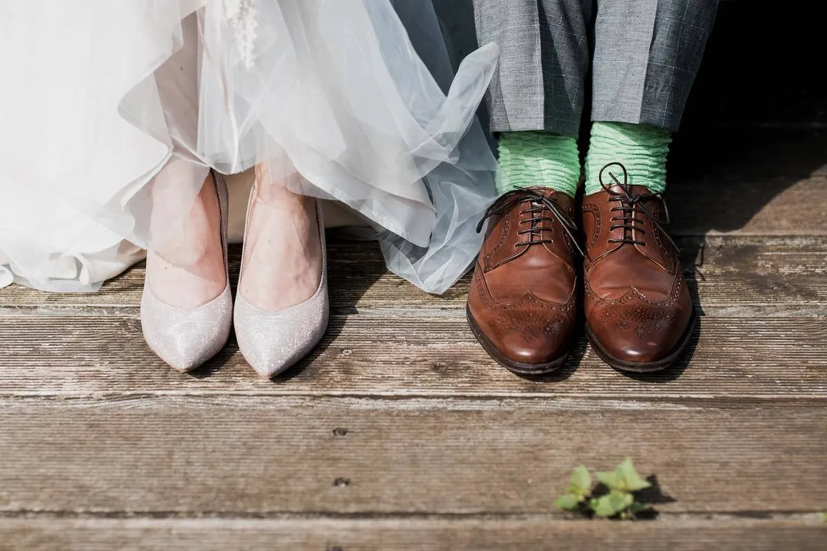 Bride's shoes and groom's shoes