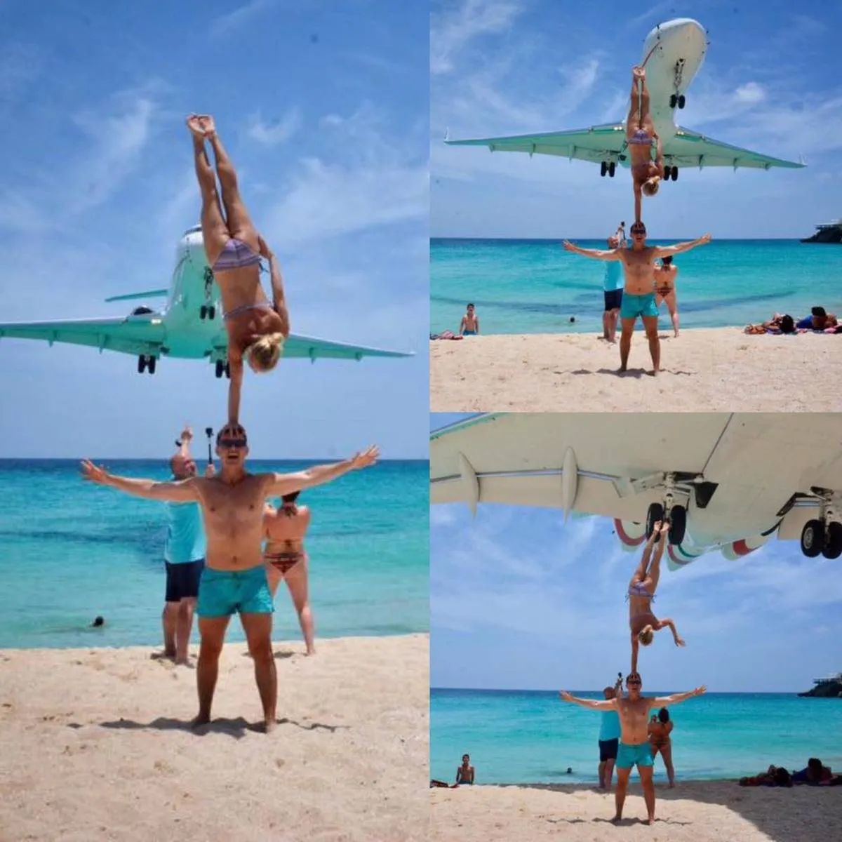 couple performing stunt on beach, almost get hit by low floying plane
