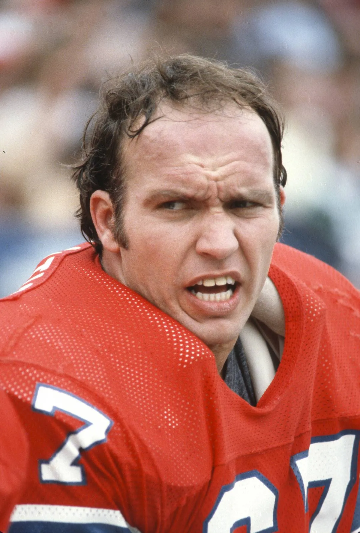 Bill Lenkaitis #67 of the New England Patriots looks on from the bench against the San Diego Chargers during an NFL football game on October 1, 1978 at Schaefer Stadium in Foxborough, Massachusetts. 