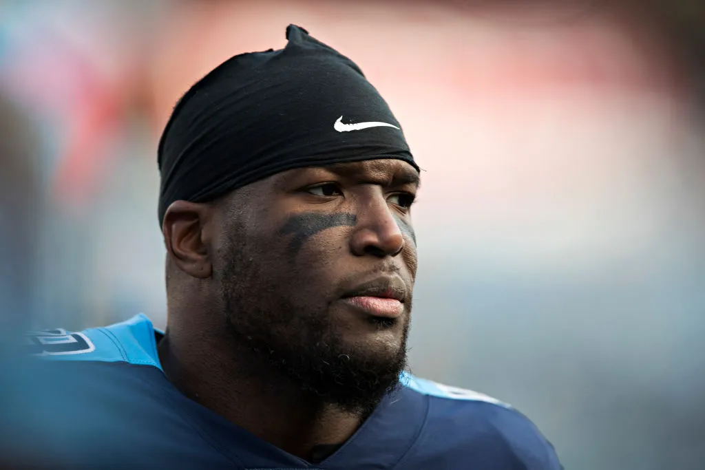 Brian Orakpo #98 of the Tennessee Titans walking off the field before a game against the Jacksonville Jaguars
