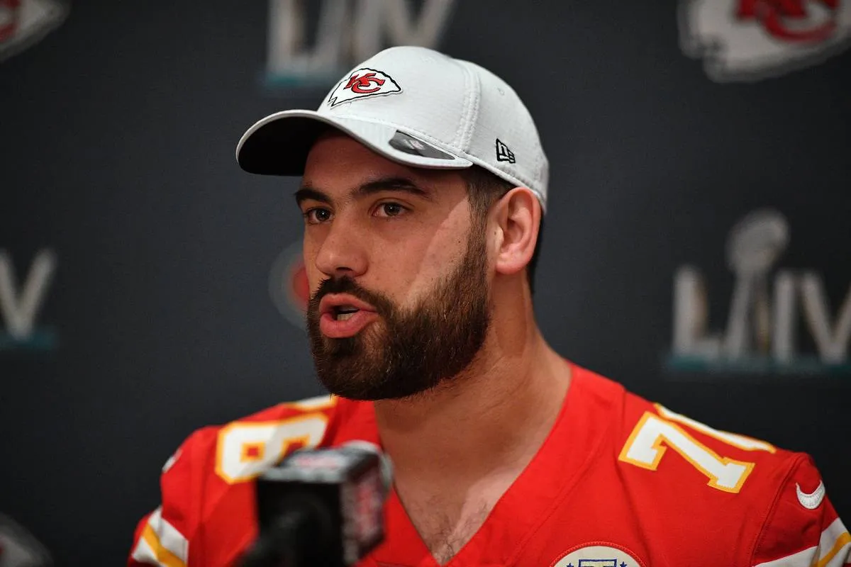Laurent Duvernay-Tardif #76 of the Kansas City Chiefs speaks to the media during the Kansas City Chiefs media availability prior to Super Bowl LIV at the JW Marriott Turnberry on January 29, 2020 in Aventura, Florida.