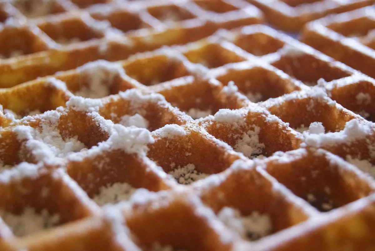Close of of a waffle with icing sugar sprinkled on top.