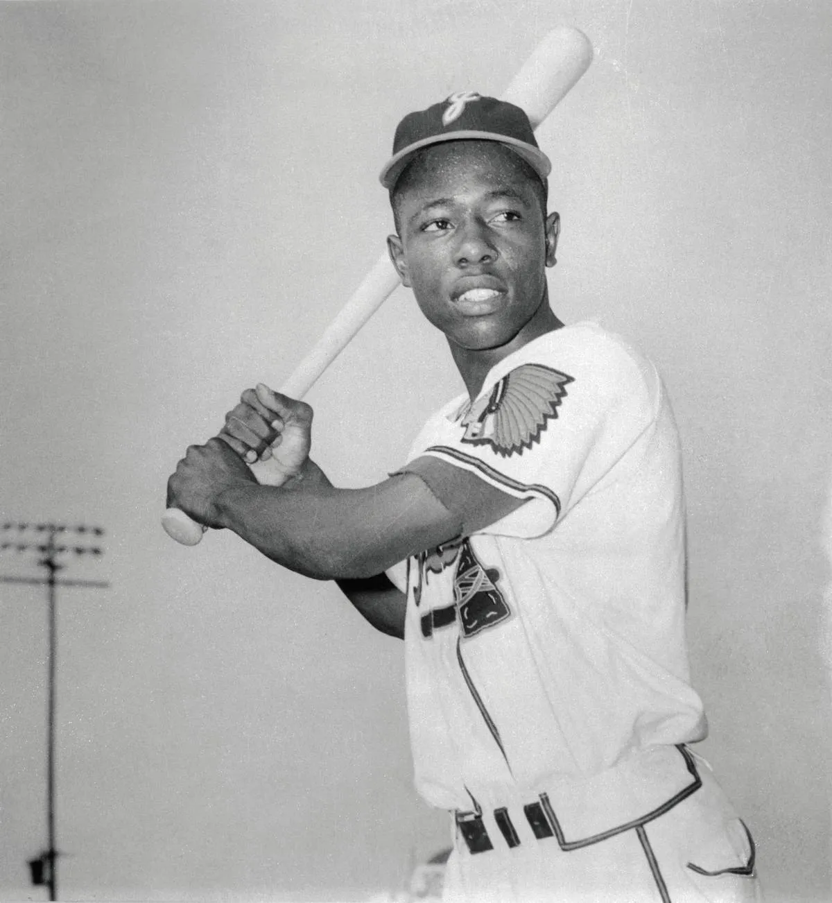 Hank Aaron Holding Baseball Bat