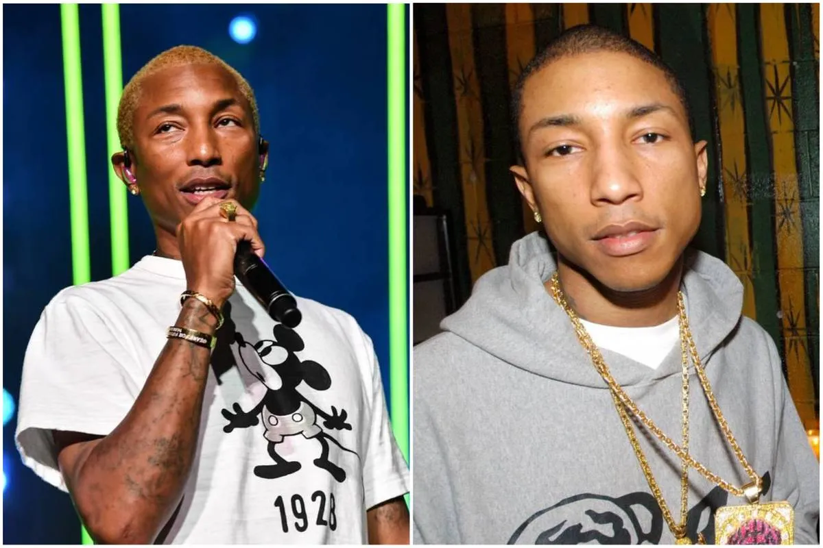 Pharrell Williams performing in 2019 and standing in 2004