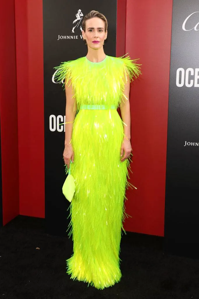 sarah paulson in a lime green feather dress