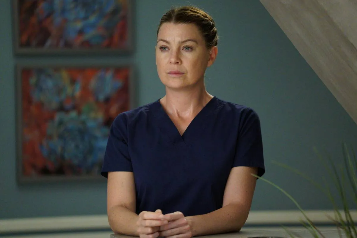 Ellen Pompeo looking perturbed as Meredith Grey in Grey's Anatomy