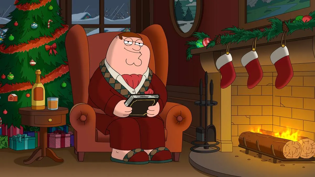 Peter Griffin in classy evening wear holding book in study in Family Guy