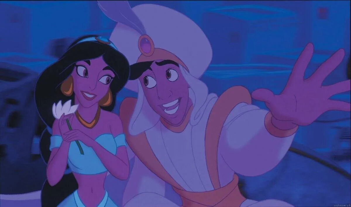 Aladdin showing Jasmine the world while dressed as Prince Ali
