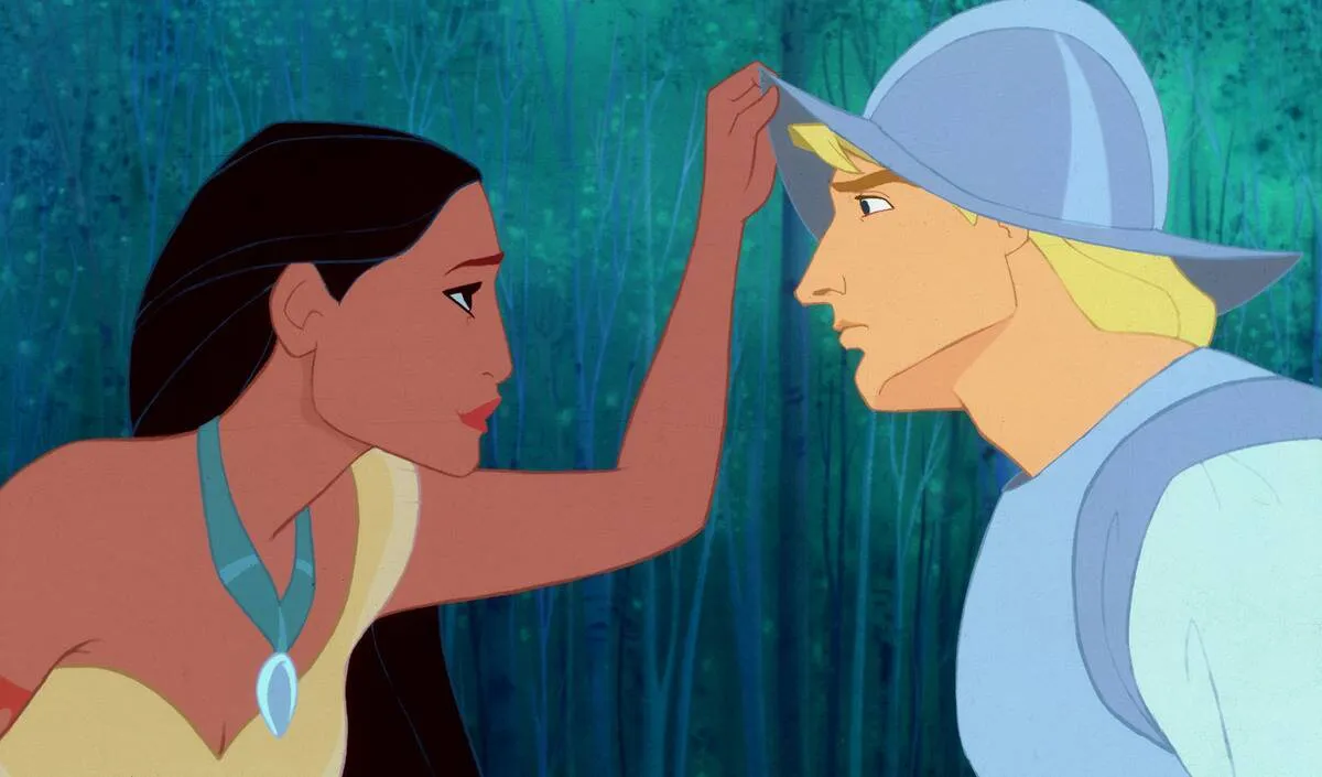 Pocahontas touching John Smith's helmet