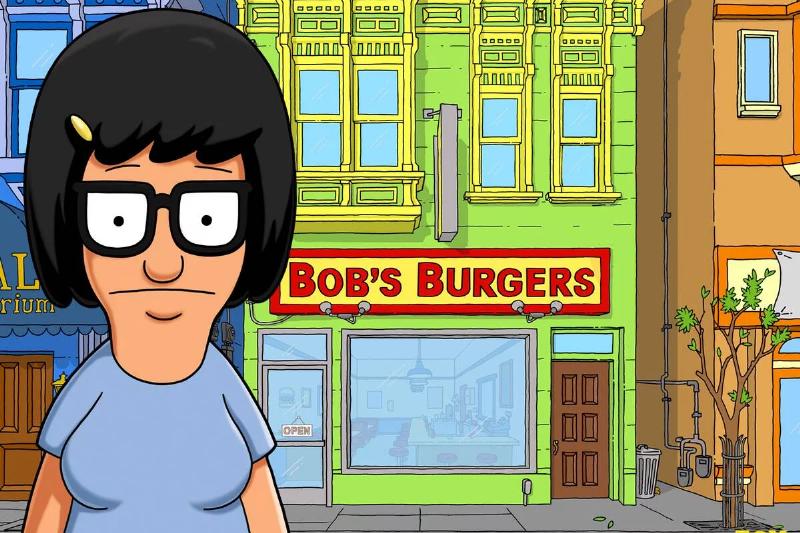 tina belcher tina belcher in front of bob's burger's sign