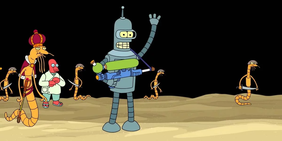 Bender holding laser squirt gun among insect aliens and waving in Futurama