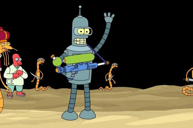 Bender holding laser squirt gun among insect aliens and waving in Futurama