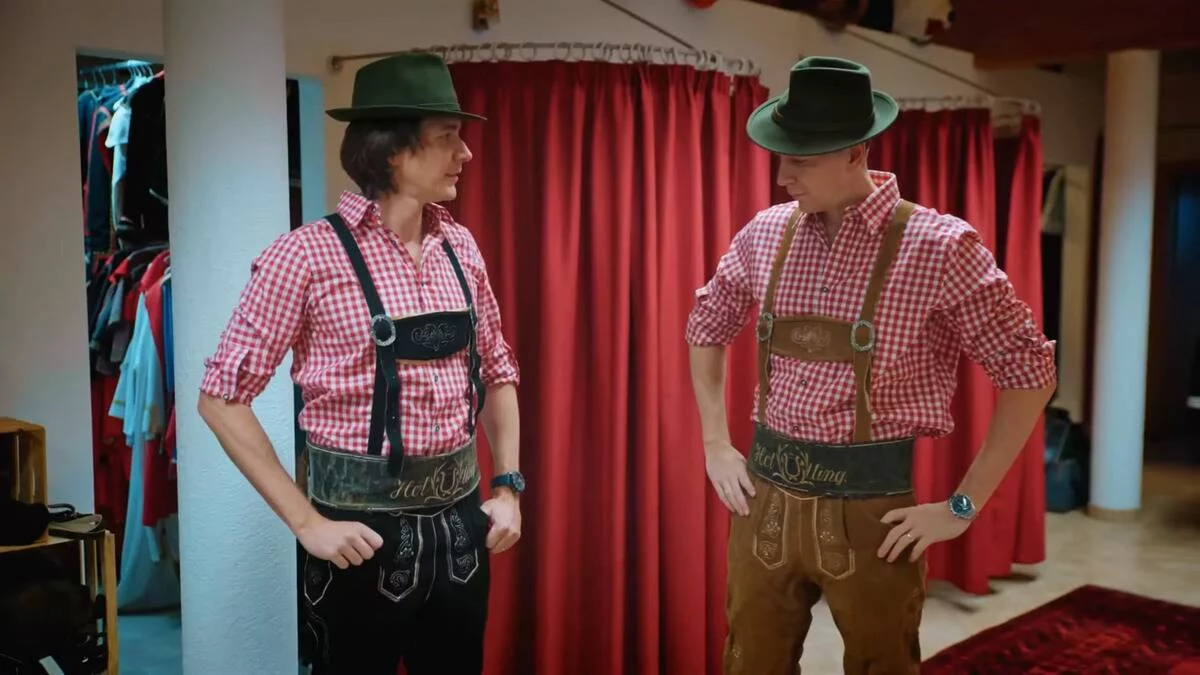 James and Oliver Phelps wearing liederhosen in Fantastic Friends