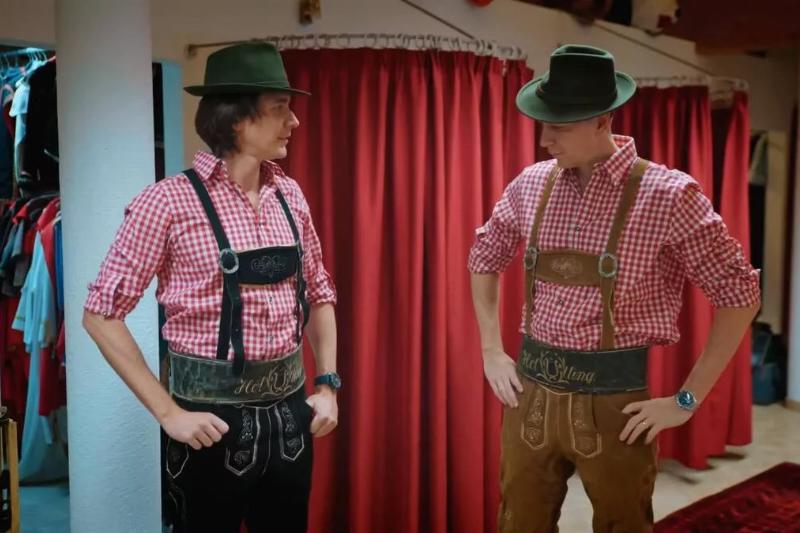 James and Oliver Phelps wearing liederhosen in Fantastic Friends